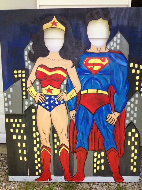 I painted this photo prop with a superhero theme.. 4 ft by 6 ft Photo Both Ideas, Superhero Cutouts, Kids Party Props, Sibling Birthday Parties, Superheroes Party, Superhero Mom, Marvel Party, Superhero Nursery, Dr Seuss Birthday Party