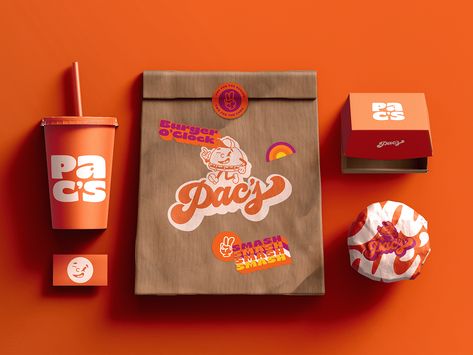 Pac's Burger on Behance Burger Brand Identity, Food Truck Packaging, Burger Identity, Burger Restaurant Logo, Burger Branding, Cafe Logos, Burger Packaging, Logo Design Graphics, Hamburger Restaurant