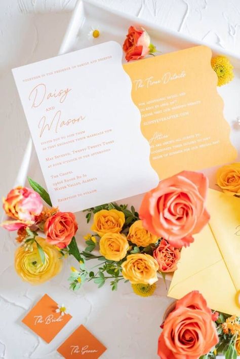 20 Yellow Wedding Ideas - LADY WEDDINGS Sunrise Wedding Invitations, Spring Sunset Wedding Colors, Bright Wedding Stationery, Yellow Orange Wedding Theme, Sunset Orange Wedding, Sunset Color Palette Wedding, Orange Summer Wedding, Pink Orange Wedding, Sunset Wedding Invitations