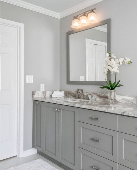 9 Favorite Greige Paint Colors - Southern Hospitality Wall Shades Interiors, Ice Gray Paint Color, Gray Cabinets And Gray Walls, Gray Color Schemes Bathroom, Wall House Color, Light Gray Wall Paint Colors, Grey Walls Cabinet Color, Cool Grey Wall Paint, Sherwin Williams Seattle Grey