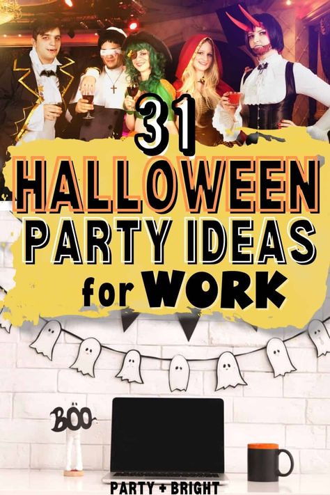 Plan the best Office Halloween Party with these tips for themes, costumes, food, & other ideas for a halloween party at work. Fun Halloween Office Decorations, Halloween Week Ideas For Work, Halloween Work Competition, Halloween Party For Work, Halloween Themed Work Party, Office Party Halloween Costumes, Halloween Office Activities For The Office, Halloween Office Luncheon, Work Halloween Contest Ideas