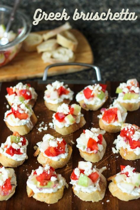 This greek bruschetta uses premade tzatziki, cucumbers, tomatoes, and onion all on toasted bread for a quick, delicious appetizer or party food. Greek Bruschetta, Greek Gyros, Feta Cheese Recipes, Cucumber Dill, Ranch Recipe, Toasted Bread, Cucumber Tomato, Small Bites, Yummy Appetizers