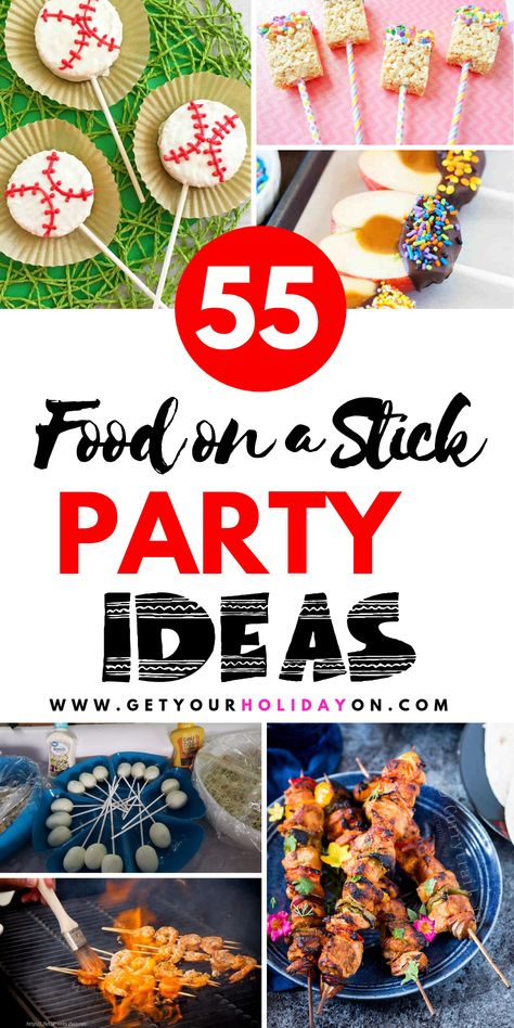 Appetizers, party food, and street fair ideas are part of this Food on a Stick roundup! Find delicious desserts and unique food ideas that will have your mouth watering! #appetizers #foodie #diyfood #momlife State Fair Theme Party Food, Festival Foods Ideas, Healthy Carnival Food Ideas, Street Fair Ideas, Fair Food Ideas, Food On A Stick Ideas, Carnival Food Ideas, Unique Food Ideas, Fair Themed Party