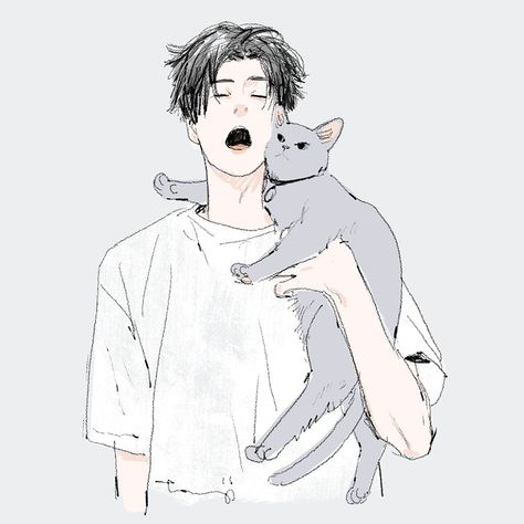 Men With Cats, Cat Reference, Cat Pose, Korean Art, Cat Illustration, Boy Art, Cat Drawing, Cute Cartoon Wallpapers, Drawing Inspiration