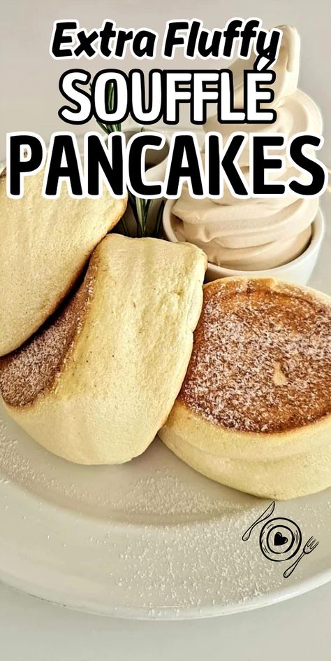 Indulge in the ultimate breakfast treat with these incredibly fluffy soufflé pancakes. Perfectly light and airy, they're sure to elevate your morning routine to new heights of deliciousness. Fluffy Pancakes Souffle, Fluffy Fluffy Pancakes, Fluffy Vanilla Pancakes, Gluten Free Souffle Pancakes, Pancake Recipes Fluffy, Easy Souffle Pancakes, Giant Fluffy Pancakes, Japan Fluffy Pancakes, Fluffy Souffle Pancakes