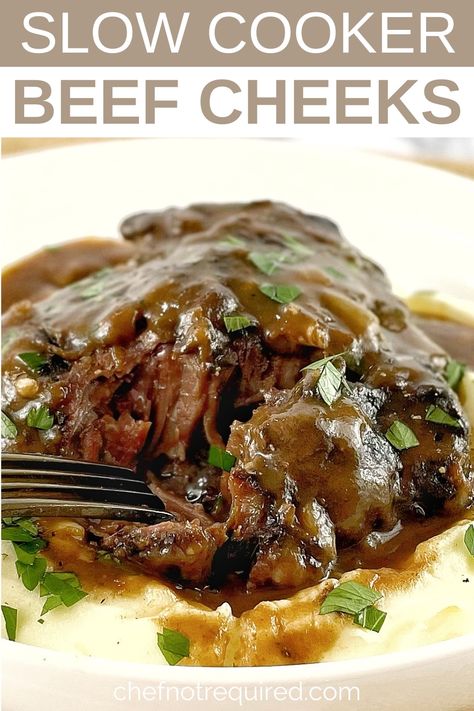 This recipe for slow cooker beef cheeks will give you tender, succulent beef cheeks braised in red wine sauce. Make them in your crock pot for an easy weeknight dinner or fancy enough to impress your fine dining guests too. Also known as ox cheeks, these beef cheeks are melt in your mouth soft and tender. Beef Hor Fun, Beef Braciole Recipe Slow Cooker, Pork Cheeks Recipe Slow Cooker, Braised Beef Cheeks Recipe, Beef Cheek Recipes, Braised Beef Cheeks, Pork Cheeks Recipe, Lamb Shank Recipe Slow Cooker, Beef Cheeks Recipe Slow Cooker