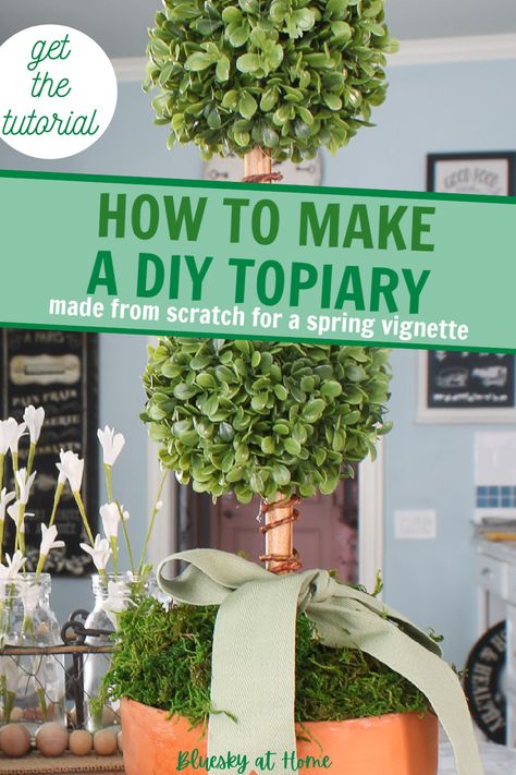 How to Make a DIY Topiary for a Spring Vignette. Follow these steps to create a topiary to use as the focal point for a spring centerpiece. You'll love how to give your vignette a soft spring vibe with this step-by-step tutorial. Topiary Decor, Diy Topiary, Spring Creative, Topiary Centerpieces, Moss Centerpieces, Topiary Diy, Boxwood Balls, Artificial Topiary, Spring Centerpiece