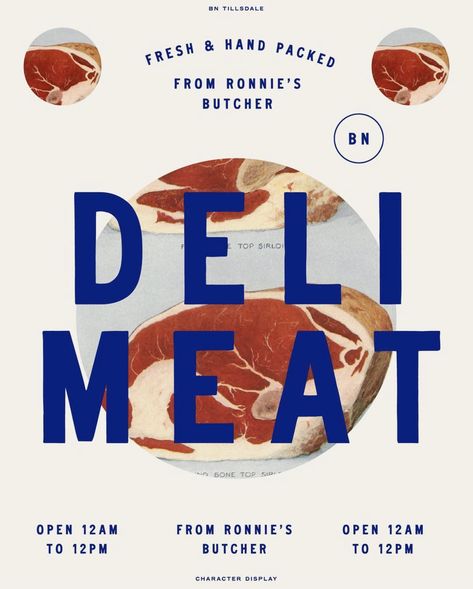 via Brandon Nickerson Deli Graphic Design, Meat Market Logo, Deli Packaging Design, Deli Typography, Deli Branding Design, Butcher Branding, Juicy Marbles, Deli Branding, Deli Logo