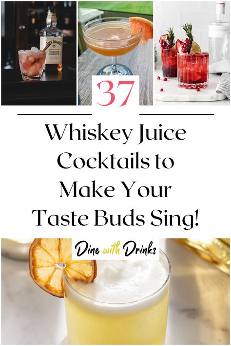 Collage of 4 whiskey juice cocktails. Creative Whiskey Cocktails, Fruity Whiskey Cocktails, Juice Cocktail Recipes, Bulliet Rye Cocktails, Rye Whiskey Cocktail, Suntory Whisky Cocktails, Best Whiskey, Juice Cocktails, Tasty Drinks