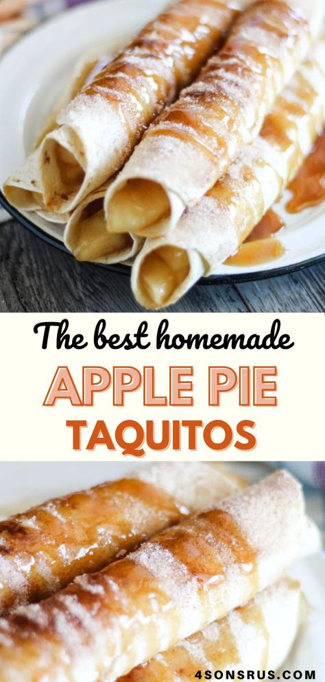 Simple desserts are often overlooked, especially when the Holidays roll around. These apple pie taquitos have all the makings of a great apple pie in fun, crispy cinnamon & sugar coated taquito form. #dessert #recipe #fallrecipe Apple Flautas Recipe, Apple Pie Churros, Apple Tortilla Dessert Simple, Mexican Finger Desserts, Apple Flautas Flour Tortillas, Corn Tortillas Dessert Recipes, Easy Dessert For Taco Night, Apple Pie Taquitos Recipes, Tortillas Dessert Recipes