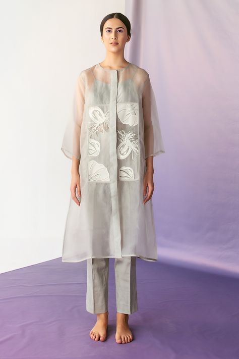 Kurta With Organza Sleeves, Organza Tunic Top, Aza Fashion Kurta Set, Organza Jackets For Women, Organza Kurta Designs, Pant Suits For Women Wedding, Organza Outfits, Organza Kurta Set, Sheer Kurta