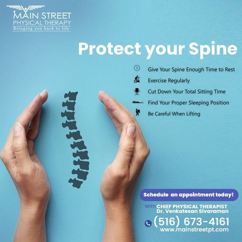 Here are some tips to protect your spine. Mainstreetpt helps you get relief from pain. For more details contact us- www.mainstreeetpt.com #spinecare #newyork #clinic #physicalpain #physicaltherapy #spinepain Healthcare Ads, Physical Therapy School, Sports Physical Therapy, Spine Pain, Pediatric Physical Therapy, Clever Advertising, Medical Design, Social Media Design Graphics, Doctor Medical