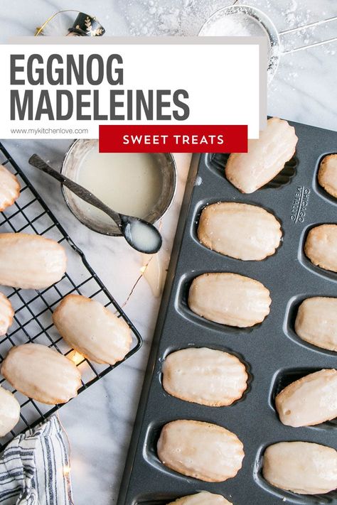 The best Christmas cookies recipe! Eggnog Madeleines. Red Velvet Madeleines, Gingerbread Madelines, Eggnog Madeleines, Eggnog Cookies Recipe, Chai Madeleines, Christmas Madeleines, Saturday Appetizers, Pumpkin Madeleines, Eggnog Treats