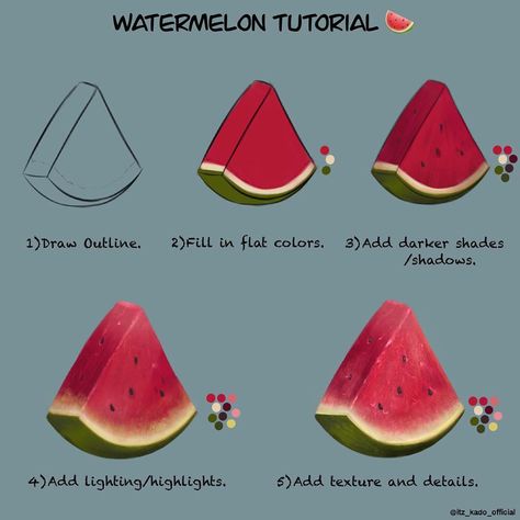 How To Draw Food, Draw Fruit, Watermelon Drawing, Drawing Fruit, Fruits Painting, Fruit Art Drawings, Food Reference, Blue Window, Fruits Drawing