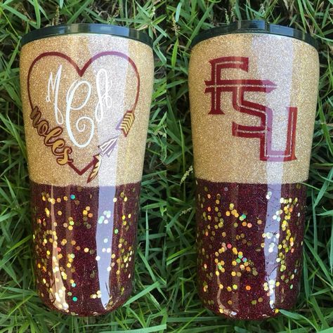 Florida State University Glitter Tumbler #FSU  Crafty Creations by Amber Nissen Florida State University Campus, University Clothes, Glitter Tumblr, Yeti Cup Designs, Tumblr Cup, University Dorms, Diy Tumblr, Glitter Tumbler Cups, Cup Crafts