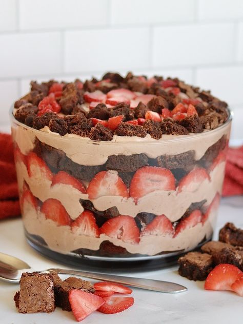 Strawberry Brownie Trifle - Sweet Girl Treats Truffle Layer Dessert, Italian Trifle Desserts, Brownie Truffle Bowl Trifle Desserts, Brownie Layered Desserts, Christmas Trifle Recipes Holidays, Oreo Trifle Desserts, Date Night Desserts For Two, Triffle Desserts Simple, Brownie Ideas Creative