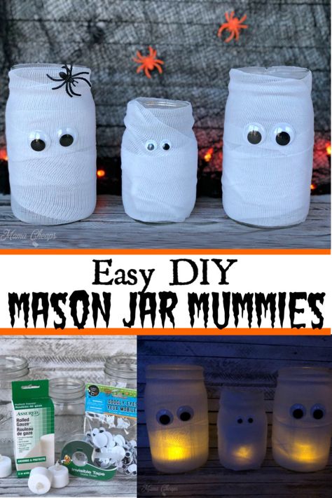 Check out these ADORABLE Mason Jar Mummies (p.s. Add tealights so they GLOW at night!!) #diy #halloween https://www.mamacheaps.com/mason-jar-mummies-easy-halloween-craft/ #mamacheaps Mummy Jar, Easy Mason Jar Crafts Diy, Easy Halloween Craft, Easy Mason Jar Crafts, Do It Yourself Decoration, Moldes Halloween, Halloween Mason Jars, Lantern Craft, Crafts For Teens To Make