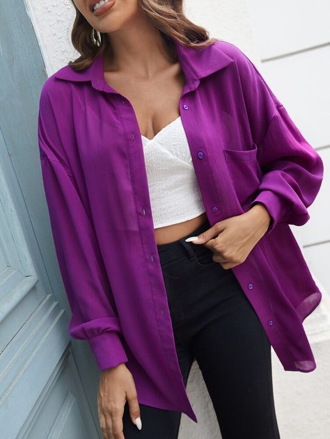 Purple Chemise Outfit, Violet Shirt Outfit, Purple Shirt Outfit Women, Purple Casual Outfit, Purple Shirt Outfit, Black Blouse Outfit, Purple Shirt Outfits, Purple Top Outfit, Light Blue Jeans Outfit