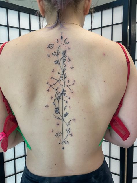 Star Tattoos Spine, Spine Tattoos Constellation, Back Tattoo Constellation, Spine Tattoos For Women Space, Spine Tattoos Planets, Constellation Tattoo Spine, Spine Tattoo Space, Spine Tattoos Space, Galaxy Spine Tattoo