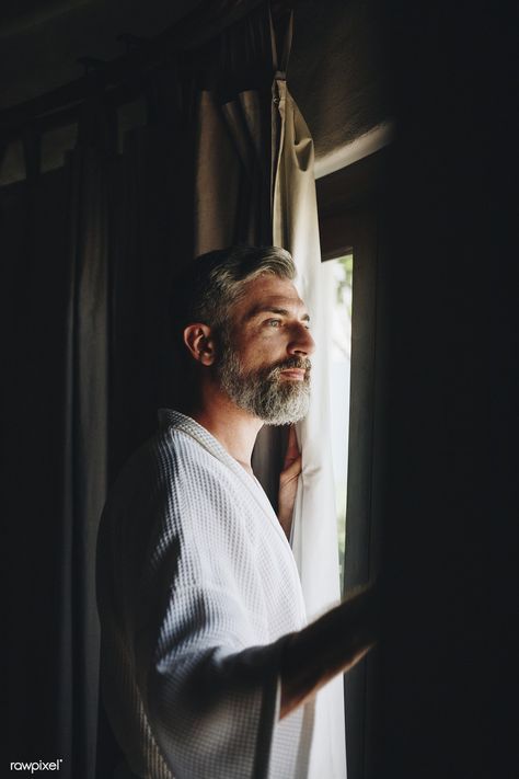 Hotel Room Curtains, Man Looking Up, Premium Hotel, Mens Photoshoot Poses, Bathrobe Men, Portrait Lighting, Men Photoshoot, Room Curtains, Men Beach