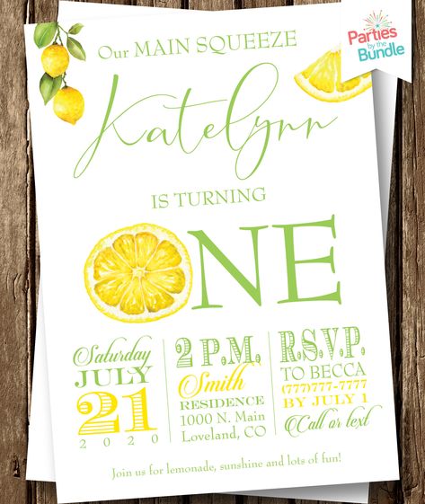 Lemon First Birthday, Lemon Birthday Party, Lemon Themed Party, Lemon Birthday, Lemonade Party, Fun Invitations, First Birthday Themes, Main Squeeze, First Birthday Invitations