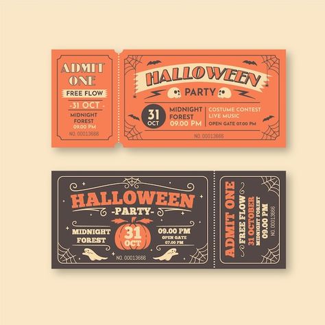 Halloween Ticket Design, Ticket Template Aesthetic, Halloween Design Illustration, Halloween Tickets, Halloween Party Tickets, Ticket Drawing, Coffee Label, Halloween House Party, Party Tickets