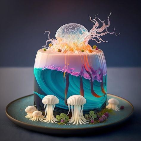 A cake with a jellyfish on it | Premium Photo #Freepik #photo #confectionary #layer-cake #food-cake #bakery-cake Jellyfish Birthday Cake, Jellyfish Cake, Fish Cake Birthday, Bakery Cake, Cake Bakery, Fish Cake, Food Cake, Photo Cake, 5th Birthday