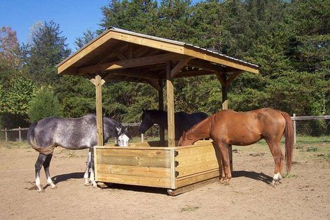 If I did not already own a Hayhut, I would build this.  Feeds one round bale or six to eight square bales. All treated wood, solid roof sheathing, keeps hay off the ground, virtually eliminates waste and spoilage. Every edge is chamfered for horse safety. Built on skids, the unit is completely portable, so I can move it to fresh ground or another field anytime, pulling it with a pickup truck. It wasn't cheap, but it has paid for itself in savings in hay. Donkey Feeder, Hay Hut, Diy Hay Feeder, Horse Safety, Round Bale Feeder, Hay Feeder For Horses, Horse Feeder, Horse Farm Ideas, Horse Hay