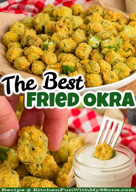 A Southern staple, this Fried Okra recipe features crunchy fresh okra tossed with cornmeal and seasonings then fried to crispy perfection. Serve with your favorite dipping sauce as an appetizer or side dish. #southernrecipes #easyappetizers #okrarecipes Breaded Okra Recipes, Deep Fried Okra, Fried Whole Okra, Oven Fried Okra, Fried Okra Recipe, Southern Fried Okra, How To Cook Okra, Fresh Okra, Southern Foods