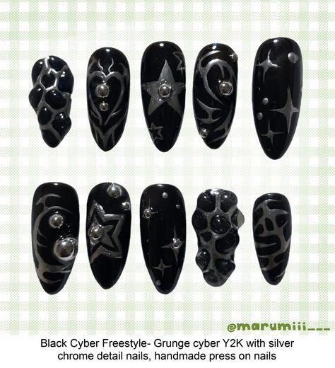 ★Set is shown in Medium Almond★ ★All press ons are made to order, please allow up to 2 weeks to receive your set! ★Every nail set is hand-painted with gel polish, please understand if the nails you receive are not a complete replica of the photos! I will try my best though! ★Nail sizes XS: 14mm, 11mm, 12mm, 10mm, 8mm S: 15mm, 12mm, 13mm, 11mm, 9mm M: 16mm, 12mm, 13mm, 11mm, 9mm L: 18mm, 13mm, 14mm, 12mm, 10mm Please follow the instructions on how Black And Silver Press On Nails, Emo Nail Designs For Short Nails, Emo Goth Nails, Cool Black And White Nails, Nail Ideas Black And Silver, Black Basic Nails, Emo Halloween Nails, Chrome Detail Nails, Black Gel X Nails