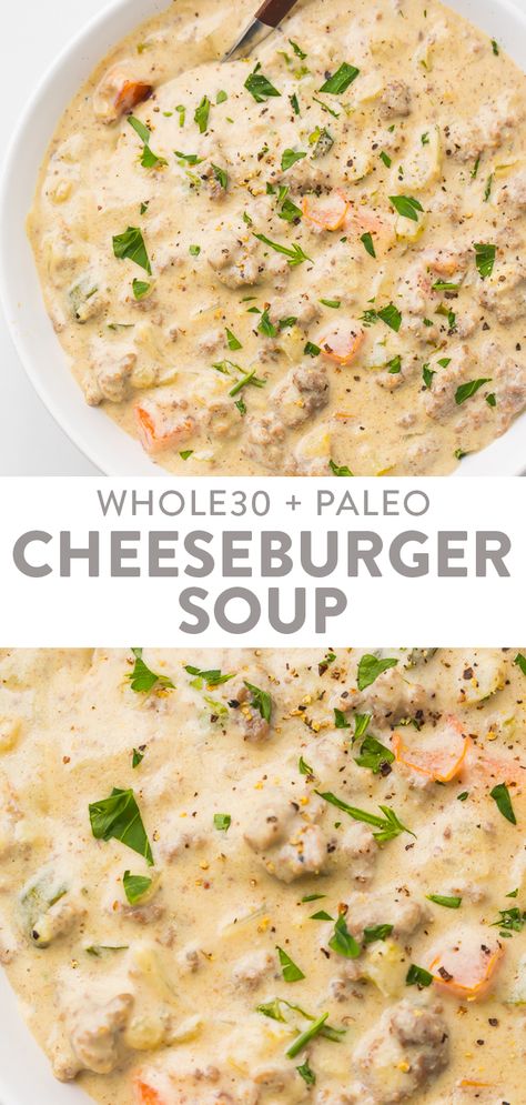 This soup is a cheeseburger in a bowl... without the actual cheese or bun! Whole30, paleo, and dairy free, this hearty soup is cheesy and loaded with flavor. It's super filling and quick and easy to make. #soup #dairyfree #whole30 #paleo #beef Whole 30 Soup, Cheese Burger Soup Recipes, Easy Whole 30 Recipes, Dairy Free Soup, Paleo Soup, Whole30 Dinners, Cheeseburger Soup, Whole 30 Diet, Effective Diet