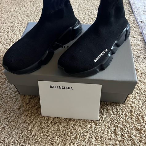 Sleek Black Sock Sneakers. Features Balenciaga Branding. Comes With Original Box. Balanciaga Shoes, Balenciaga Branding, Shoes Balenciaga, Sock Sneakers, Balenciaga Black, Black Socks, Balenciaga, Original Box, Size 7