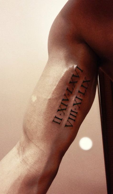 Mens Roman Numeral Tattoo, Roman Numeral Tattoo Arm, Tattoo Fonts For Men, Roman Numeral Tattoo Font, Tattoo Writing Styles, Tattoo Bicep, Tattoo Writing Fonts, Roman Numbers Tattoo, Tattoo Font For Men