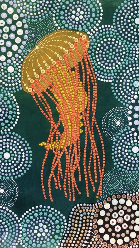 Dot Art Jellyfish, How To Draw Aboriginal Art, Jellyfish Dot Painting, Aboriginal Painting Ideas, Australian Dot Painting, Dotted Painting Ideas, Dotism Art, Indigenous Dot Painting, Indigenous Dot Art