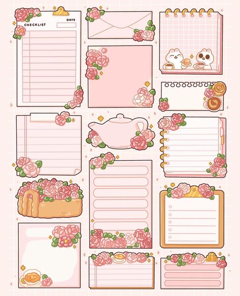 Aesthetic Sheets For Project, Cute Note Sticker, Sticker Note Aesthetic, Aesthetic Note Template, Kawaii Stickers Printable Scrapbooking, Kawaii Note Template, Pink Scrapbook Stickers, Sanrio Sticky Notes Printable, Aesthetic Stickers For Journal