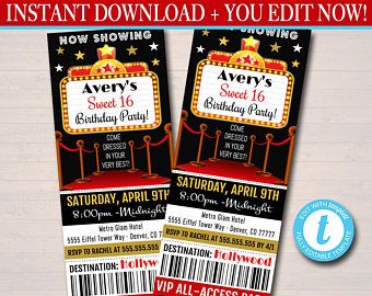 EDITABLE Red Carpet Ticket Invitation, Hollywood Movie Party Invite Glam Birthday Digital Invite, Red Carpet Party Invite INSTANT DOWNLOAD Hollywood Movie Party, Movie Ticket Birthday Invitations, Hollywood Invitations, Adult Birthday Party Themes, Movie Party Invitations, Broadway Party, Red Carpet Theme, Glam Birthday, Ticket Party Invitations