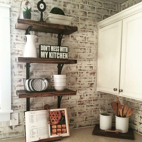 My kitchen has had several layers of makeover.  As a single mom of twin boys, not only was money sparse, so was my attention span! I would make small improvemen… Kitchen Renovation Diy Ideas, Brick Wall Paneling, Faux Brick Walls, Brick Paneling, Brick Backsplash, Diy Kitchen Renovation, Basic Kitchen, Classic Kitchen, Faux Brick