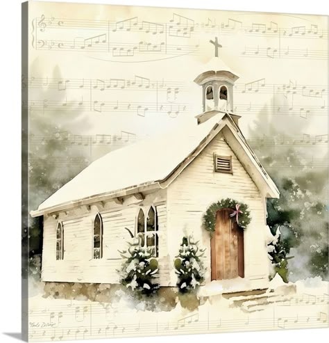 Stretched Canvas Print entitled Country Church At Christmas II.  Multiple sizes available.  Primary colors within this image include White, Black, Gray.  Made in the USA.  Satisfaction guaranteed.  Inks used are latex-based and designed to last.  Museum-quality, artist-grade canvas mounted on sturdy wooden stretcher bars 1.5 thick.  Comes ready to hang.  Canvas frames are built with farmed or reclaimed domestic pine or poplar wood. Church At Christmas, Old Country Churches, Church Pictures, Christmas Church, Country Church, Fine Artwork, Church Building, Christmas Frames, Big Canvas Art