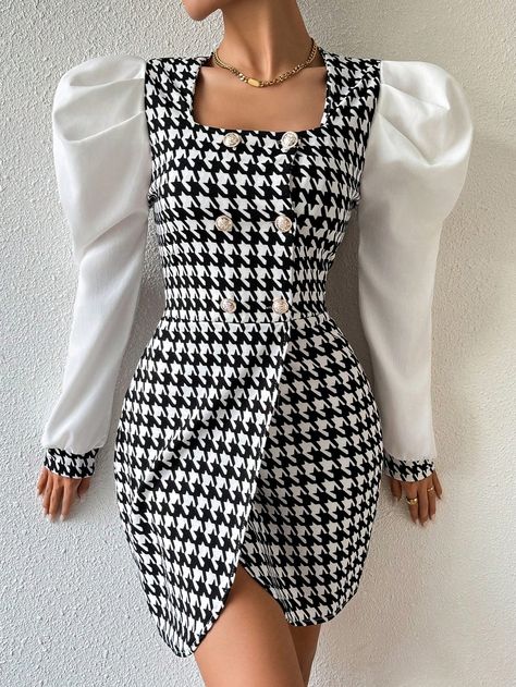 Women's Spring And Autumn Elegant Houndstooth Patterned Lamb Leg Sleeve Double Breasted Dress Black and White Elegant  Long Sleeve Fabric Houndstooth,Plaid,All Over Print Fitted Slight Stretch  Women Clothing, size features are:Bust: ,Length: ,Sleeve Length: Lamb Leg, Double Breasted Dress, Elegante Y Chic, Winter Mode, Leg Sleeve, Leg Sleeves, Dress Black And White, Houndstooth Pattern, Dress For Short Women