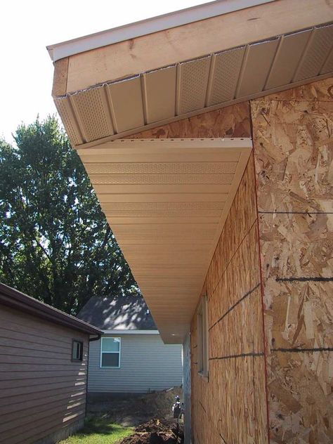 Follow These Recommendations to Save Money and Time When Installing Soffit: Install the Soffit Soffit Ideas, Roof Soffits, Vinyl Soffit, Vinyl Siding Installation, Roof Eaves, Siding Installation, Exterior House Siding, Roof Flashing, Fascia Board