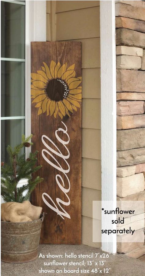 Porch Stencil, Sunflower Crafts, Wooden Porch, Wooden Welcome Signs, Front Porch Signs, Porch Welcome Sign, Diy Porch, Hello Sign, Halloween Porch Decorations