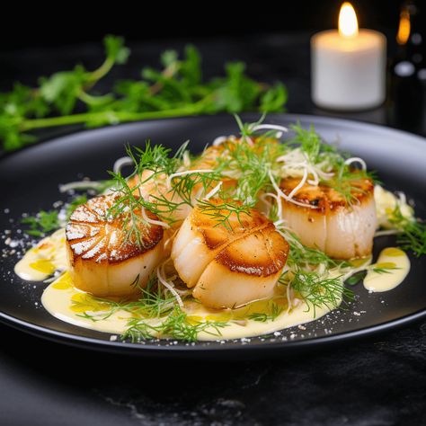 Napa Home Chef | Discover Pan-Seared Scallops, Lemon Beurre Blanc & Fennel Salad. A summer dinner idea with a touch of Napa's culinary charm. Savor Napa, Bite by Bite. Scallop Starter Recipes, Summer Fine Dining Dishes, Light Date Night Dinner, Wild Recipes, Gourmet Seafood Recipes, Lemon Dishes, Polenta And Scallops, Sear Scallop, Fine Dining Scallop Dishes