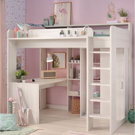 Bed And Desk, Girls Loft Bed, Bed For Girls Room, High Sleeper Bed, Bunk Bed With Desk, High Sleeper, Bed With Desk, Kids Loft Beds, Cute Bedroom Ideas