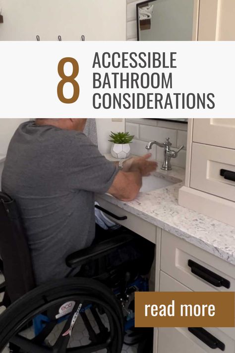 Top tips to create a stylish wheelchair-accessible bathroom! An accessible bathroom does not need to be boring and sterile. From angled mmirrorsirrros to zero-entry showers, there are a lot of things to consider when designing for accessibility. Wheelchair Bathroom Layout, Wheelchair Accessible Vanities, Handicapped Accessible Bathrooms, Bathroom Handicapped Plan, Bathroom Remodel Accessible, Bathroom For Wheelchair Users, Stylish Accessible Bathroom, Modern Wheelchair Accessible Bathroom, Small Accessible Bathroom Ideas