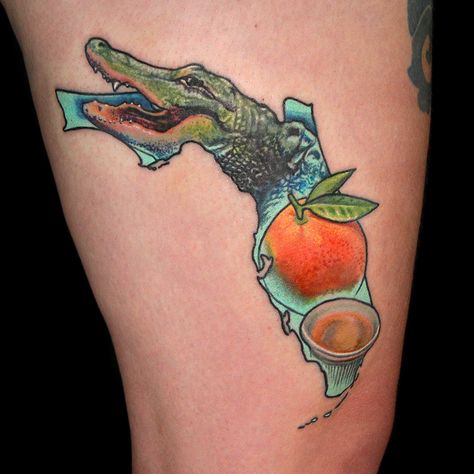 Florida Tattoo by Jordi Pla Florida State Tattoo, Florida Orange Tattoo, Florida Gator Tattoo, State Of Florida Tattoo, Small Florida Tattoo, Florida Tattoo Ideas For Men, Florida Tattoo For Women, Florida Themed Tattoos, Florida Tattoo Ideas