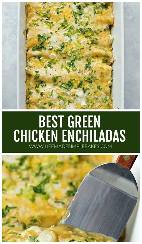 Mom's green enchiladas are always a big hit! They're loaded with seasoned shredded chicken, sour cream, LOTS of cheese, and topped with a green chile sauce. #mom'sgreenenchilada #greenenchiladas #enchiladas #homemadeenchiladas Enchilada Cream Cheese, Shredded Chicken Enchiladas Green, Turkey Enchiladas Green Sauce, Enchiladas Chicken Verde, Green Salsa Chicken Enchiladas, Green Chilies Chicken Enchiladas, Chicken Enchiladas With Green Sauce Corn Tortillas, Easy Green Chile Chicken Enchiladas, Green Verde Chicken Enchiladas