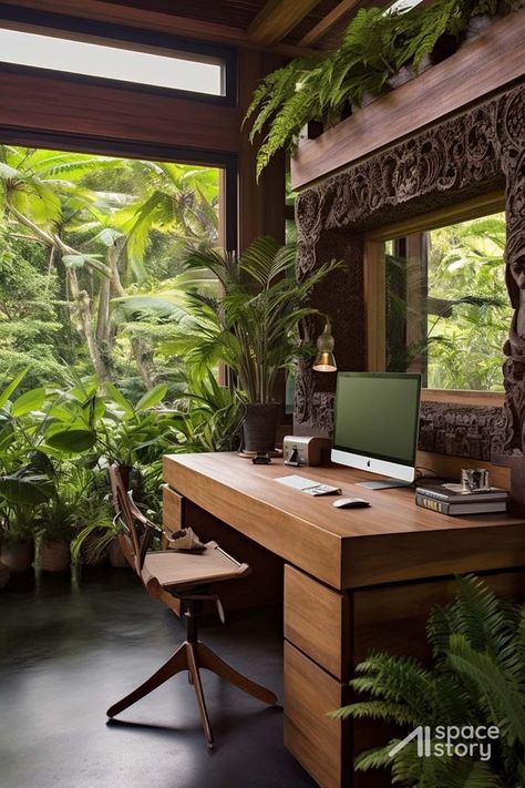 Bali Style Office, Mexican Beach House Decor, Jungle Office, Balinese Architecture, Tropical Office, Office Room Design, Monitor Setup, Cozy Workspace, Tropical Interior Design