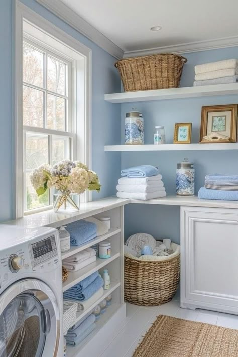 Light Blue Laundry Room Walls, Laundry Room Blue Walls, Light Blue House Interior, Blue Laundry Room Walls, Baby Blue Laundry Room, Costal House Interiors, Open Shelves Laundry Room, Laundry Room Ideas Blue, Blue Laundry Room Ideas