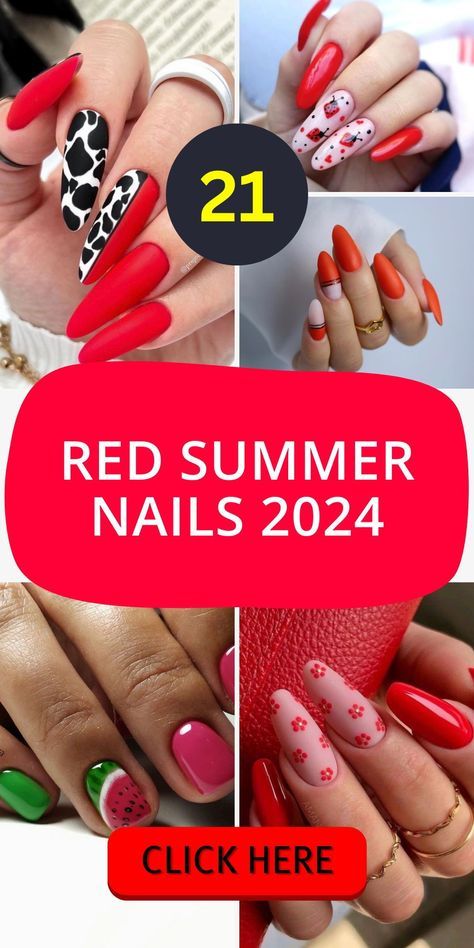 Embrace the fruity side of summer with Red Summer Nails 2024 featuring strawberry and cherry designs. These nails bring a fresh and vibrant feel, perfect for beach days and summer picnics. The combination of bright red with fruity art makes for a delightful visual treat. Whether you're going for a cute or sophisticated look, these nails are versatile and suit all preferences. Make your summer more colorful and fun with these unique nail designs. Red Summer Nails 2024, Red Summer Nails Designs, Red Nail Designs Summer, Summer Nails Red, Red Nails Summer, Summer Red Nails, Opi Red Nail Polish, Statement Nails, Red Summer Nails