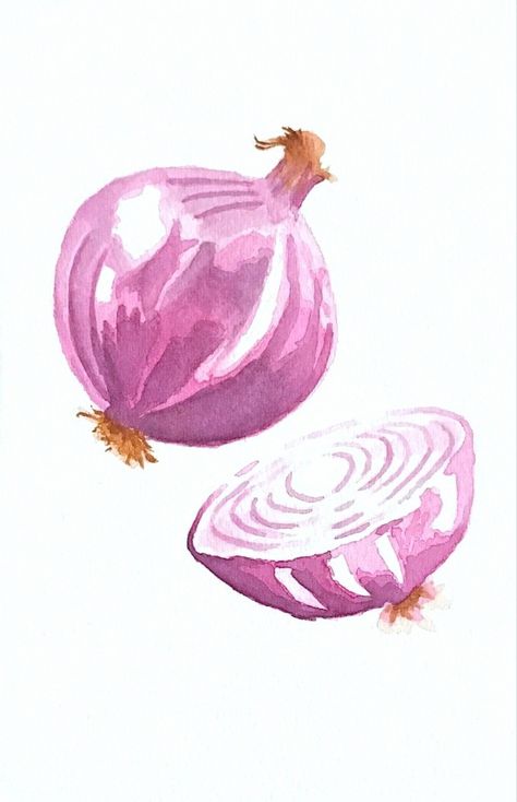 Red Onion Watercolor, Water Colour Vegetables Painting, Red Onion Drawing, Cute Onion Drawing, Watercolor Art Fruits And Vegetables, Watercolor Food Easy, Red Onion Painting, Watercolor Vegetables Tutorial, Vegetable Watercolor Paintings